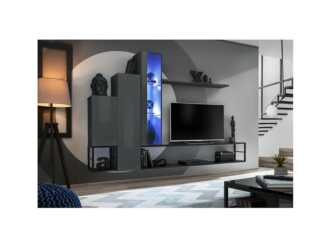 Ensemble Meuble TV Design "Switch VIII" 240cm Gris & Noir