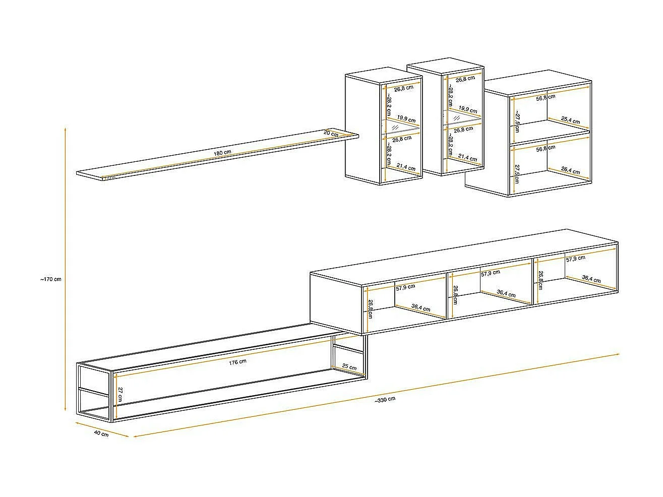 Ensemble Meuble TV Design "Switch I" 330cm Naturel & Noir