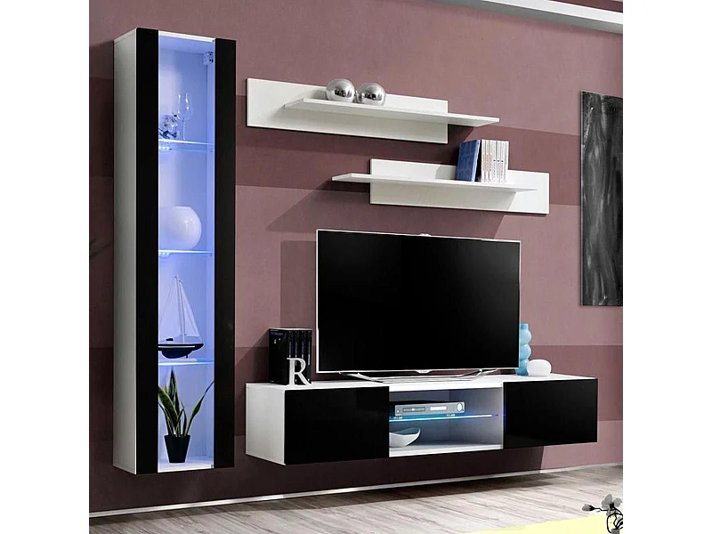 Meuble TV Mural Design "Fly XIX" 210cm Noir & Blanc