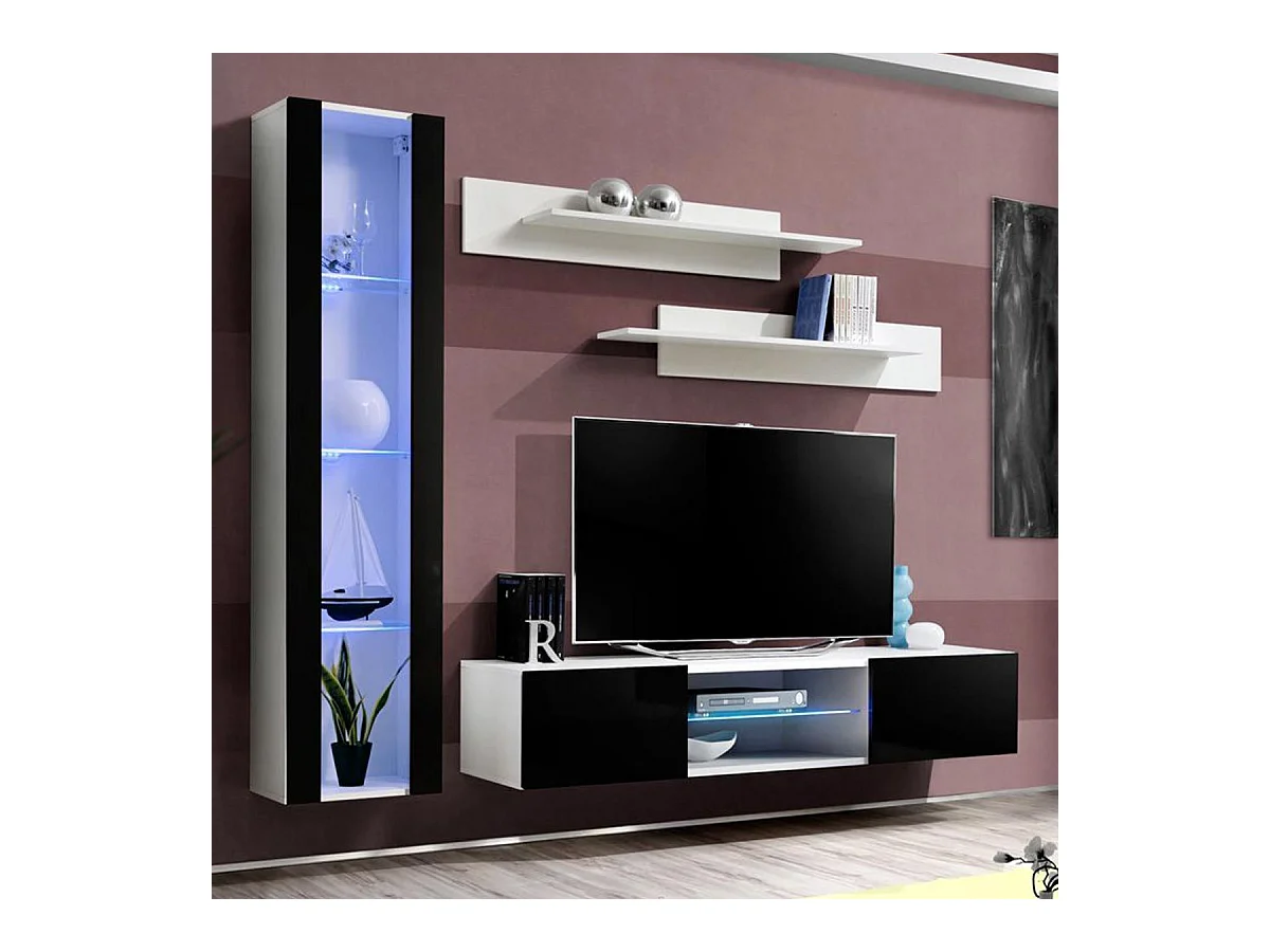 Meuble TV Mural Design "Fly XIX" 210cm Noir & Blanc