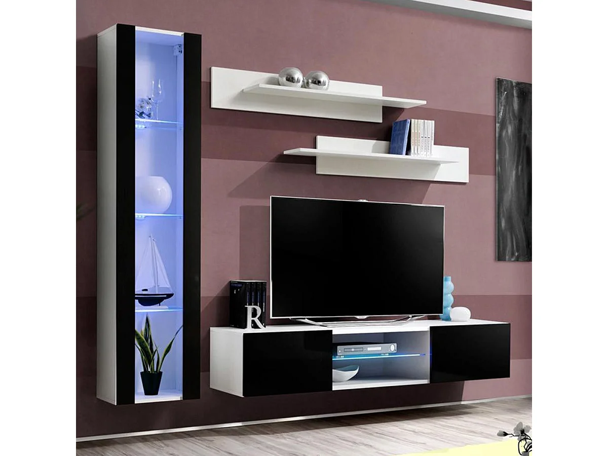 Meuble TV Mural Design "Fly XIX" 210cm Noir & Blanc