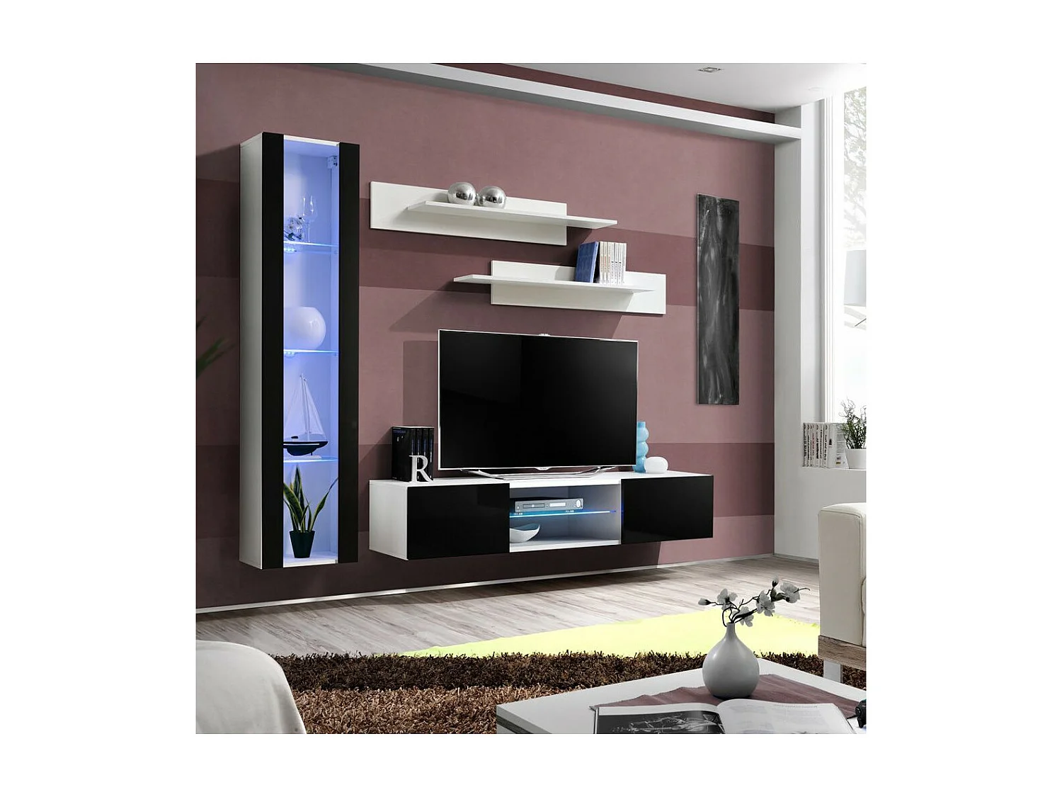 Meuble TV Mural Design "Fly XIX" 210cm Noir & Blanc