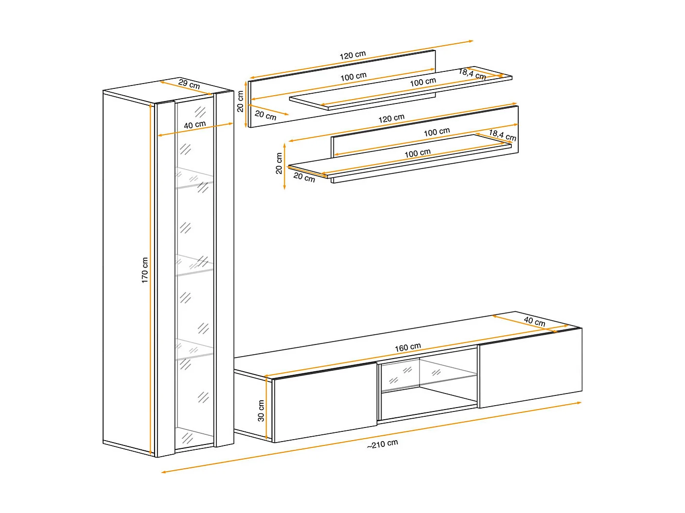 Meuble TV Mural Design "Fly XIX" 210cm Noir & Blanc