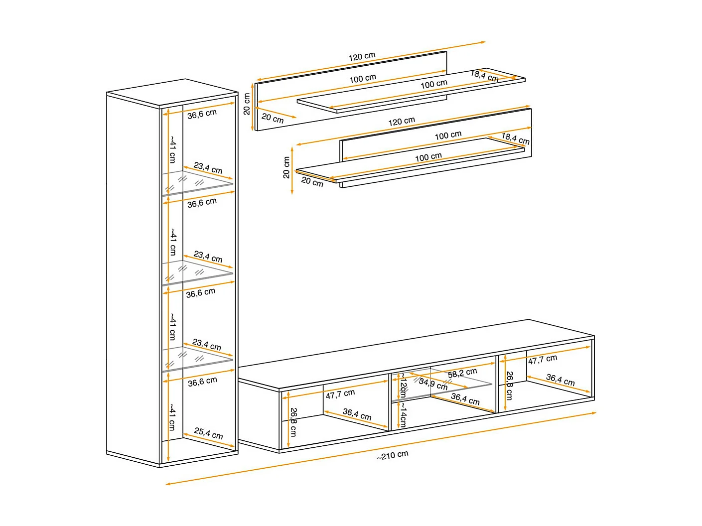 Meuble TV Mural Design "Fly XIX" 210cm Noir & Blanc