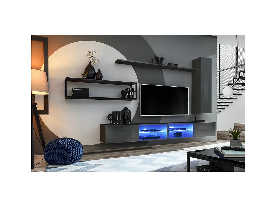 Ensemble Meuble TV Design "Switch IV" 300cm Gris & Noir