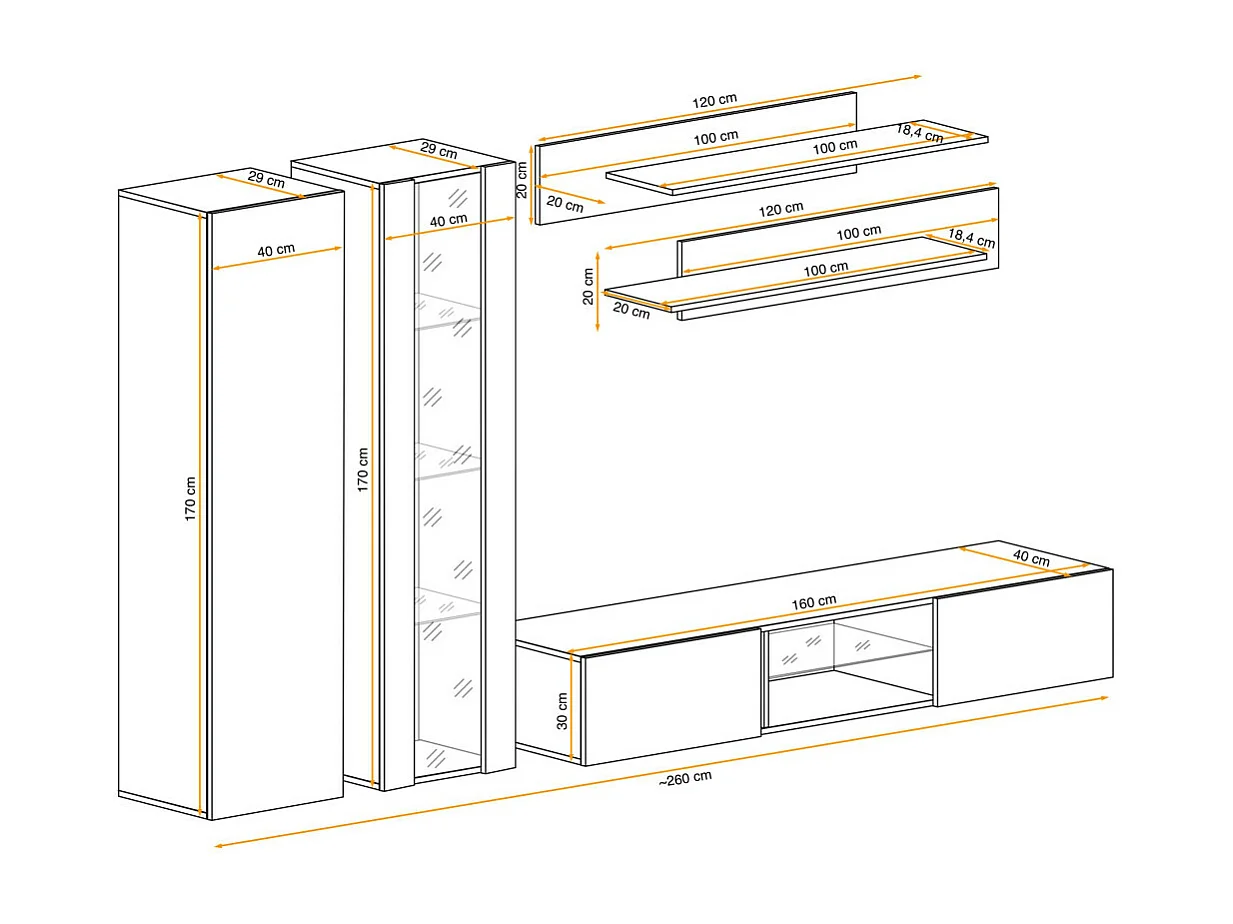 Meuble TV Mural Design "LXXXIX" 260cm Blanc & Noir