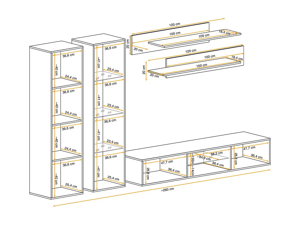 Meuble TV Mural Design "LXXXIX" 260cm Blanc & Noir