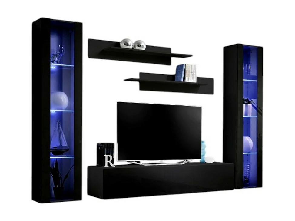 TV-meubel FLY A2 design, in glanzend zwart + LED. Modern en trendy zwevend meubel voor uw woonkamer.