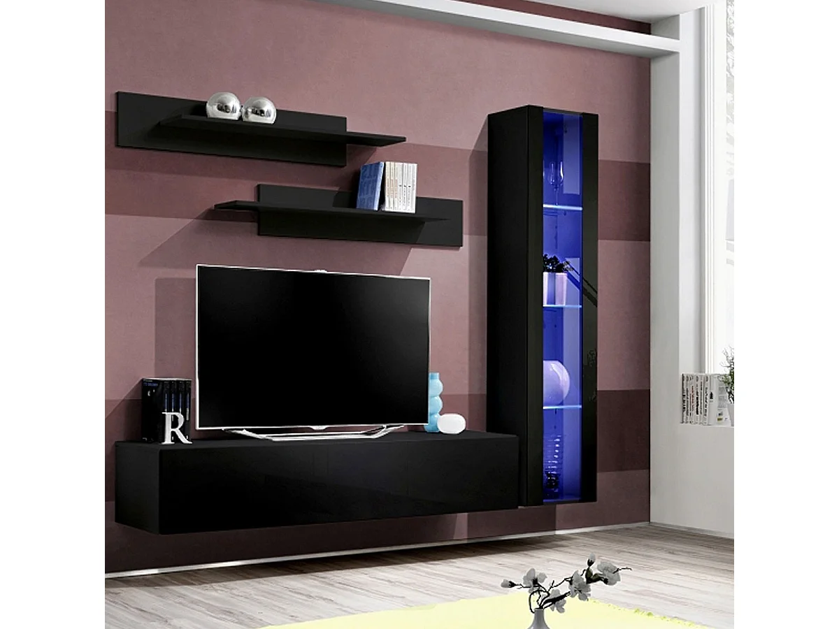 TV-meubel FLY A2 design, in glanzend zwart + LED. Modern en trendy zwevend meubel voor uw woonkamer.