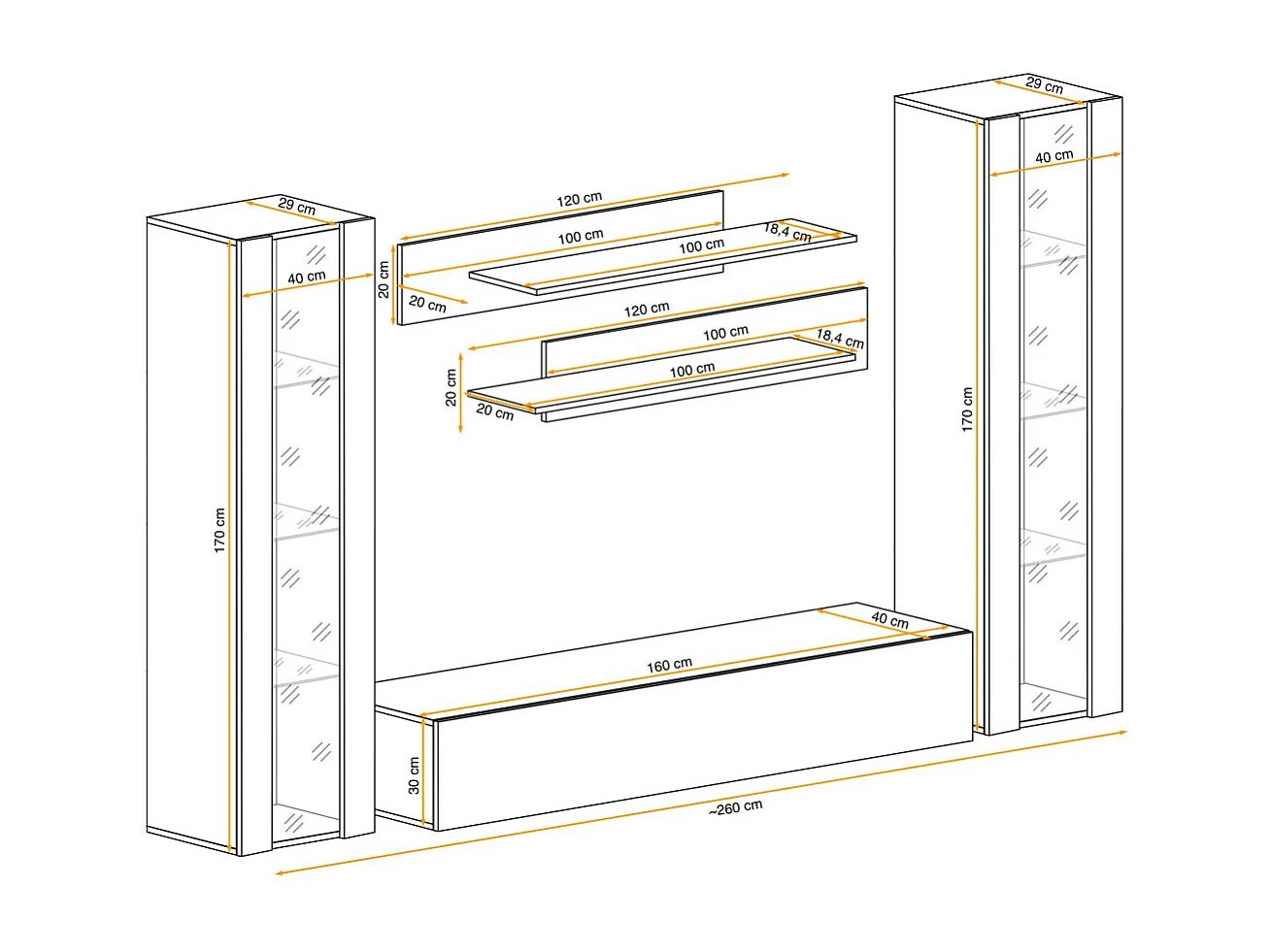 Meuble TV Mural Design "Fly II" 260cm Noir