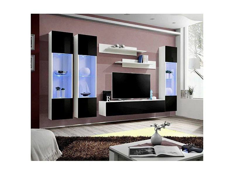 Meuble TV Mural Design "Fly III" 310cm Noir & Blanc