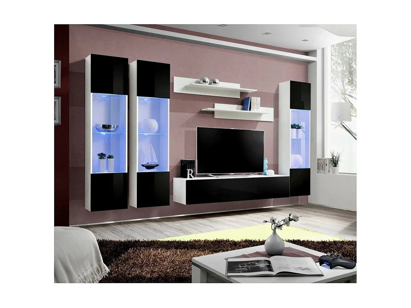 Meuble TV Mural Design "Fly III" 310cm Noir & Blanc