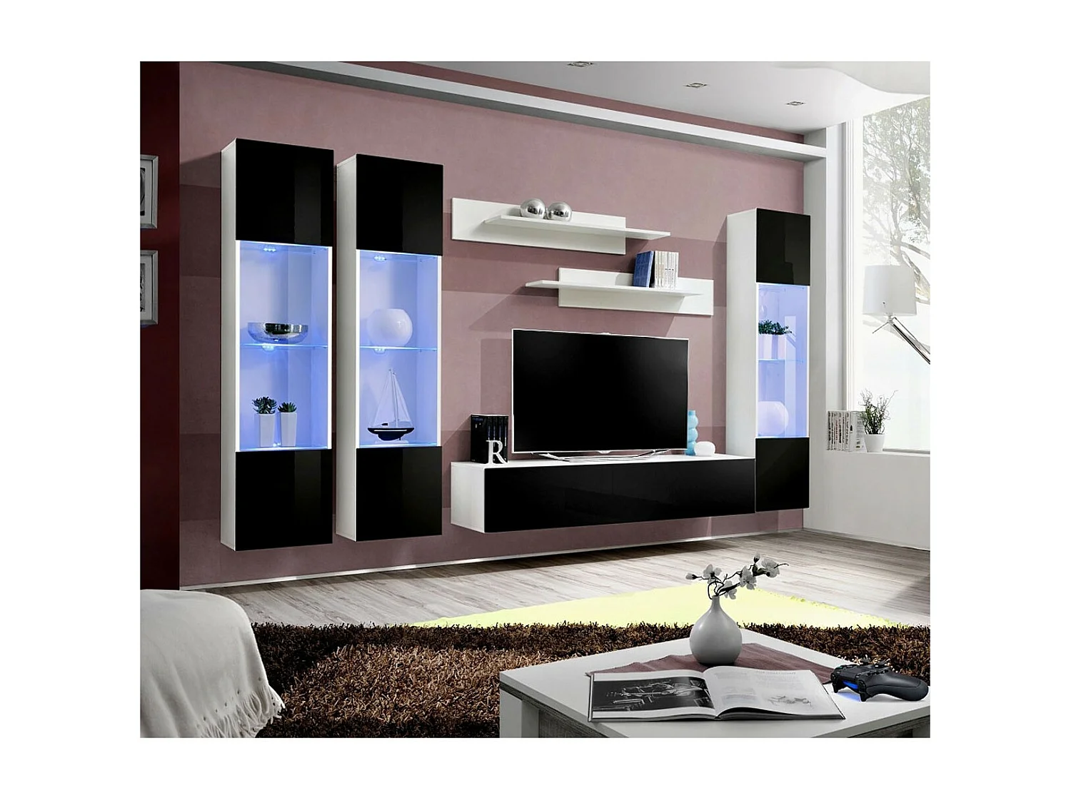 Meuble TV Mural Design "Fly III" 310cm Noir & Blanc