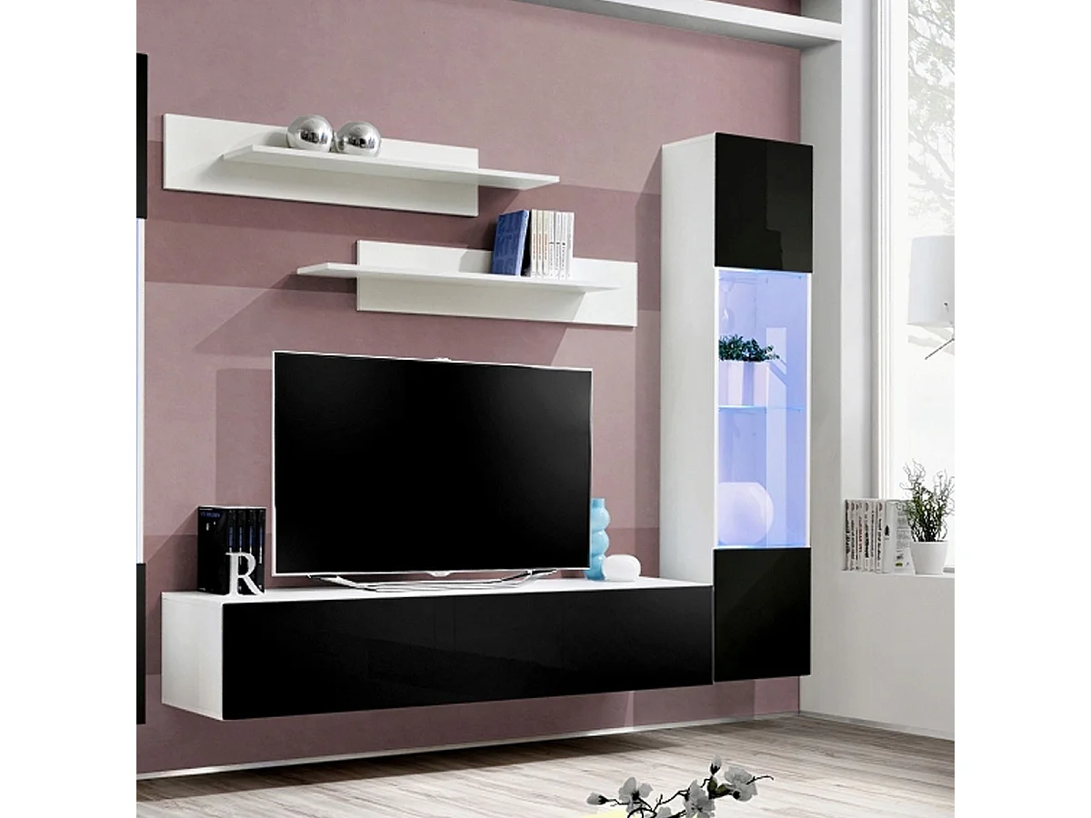 Meuble TV Mural Design "Fly III" 310cm Noir & Blanc