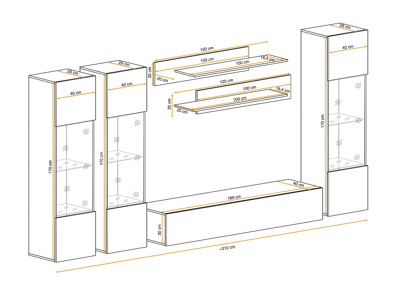 Meuble TV Mural Design "Fly III" 310cm Noir & Blanc