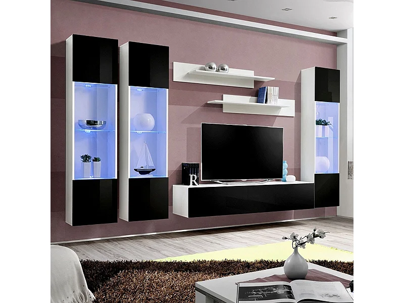 Meuble TV Mural Design "Fly III" 310cm Noir & Blanc