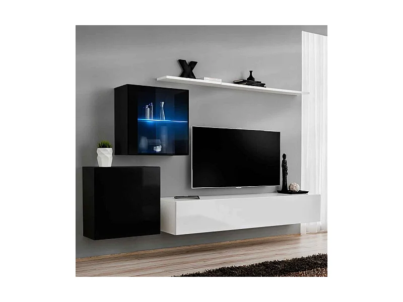 Meuble TV Mural Design "Switch XV" 250cm Blanc & Noir