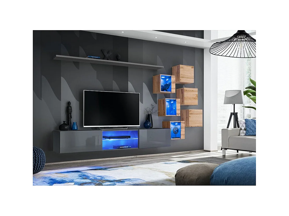 Ensemble Meuble TV "Switch XXI" 260cm Gris & Naturel