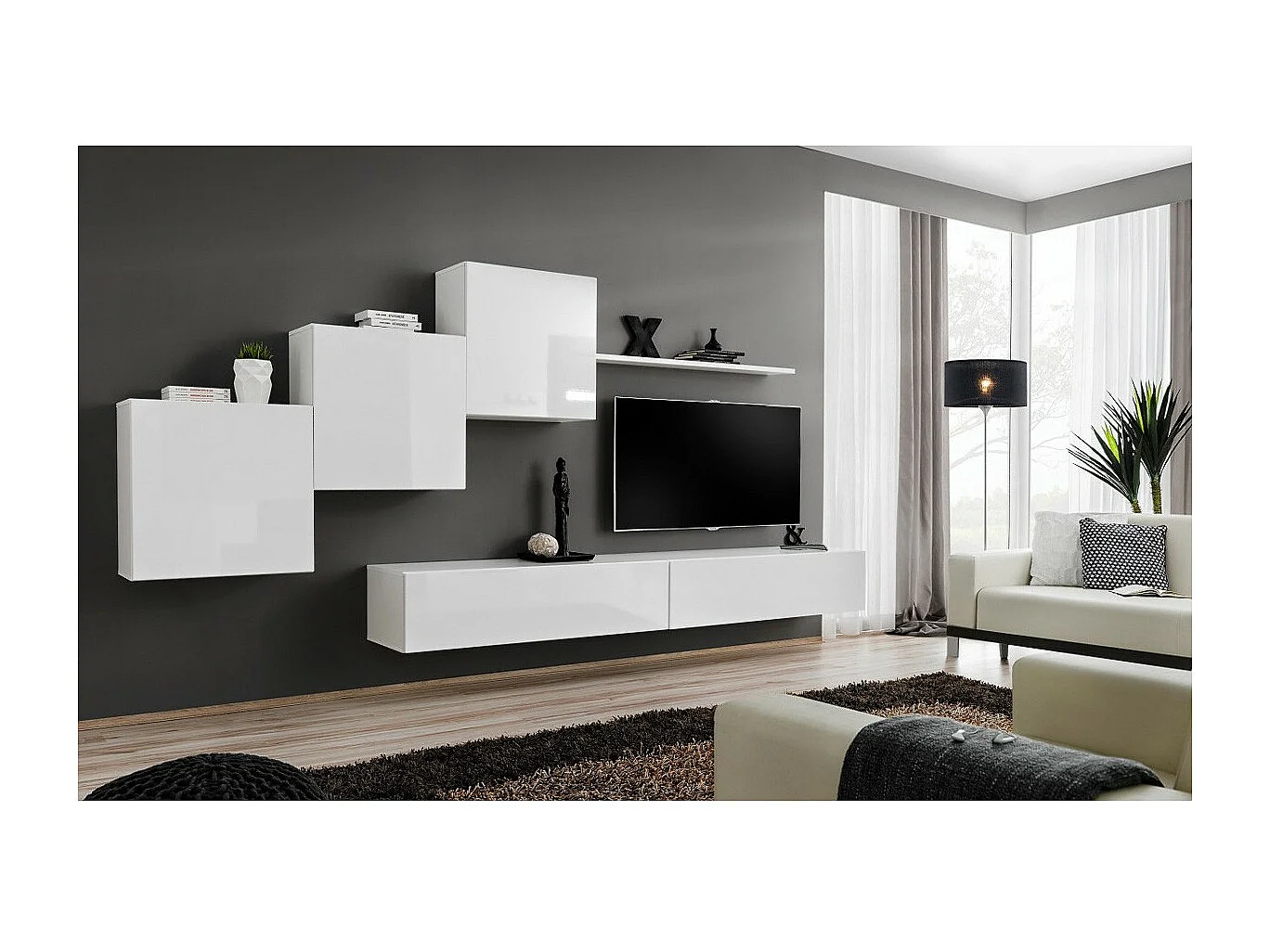 Meuble TV Mural Design "Switch X" 330cm Blanc