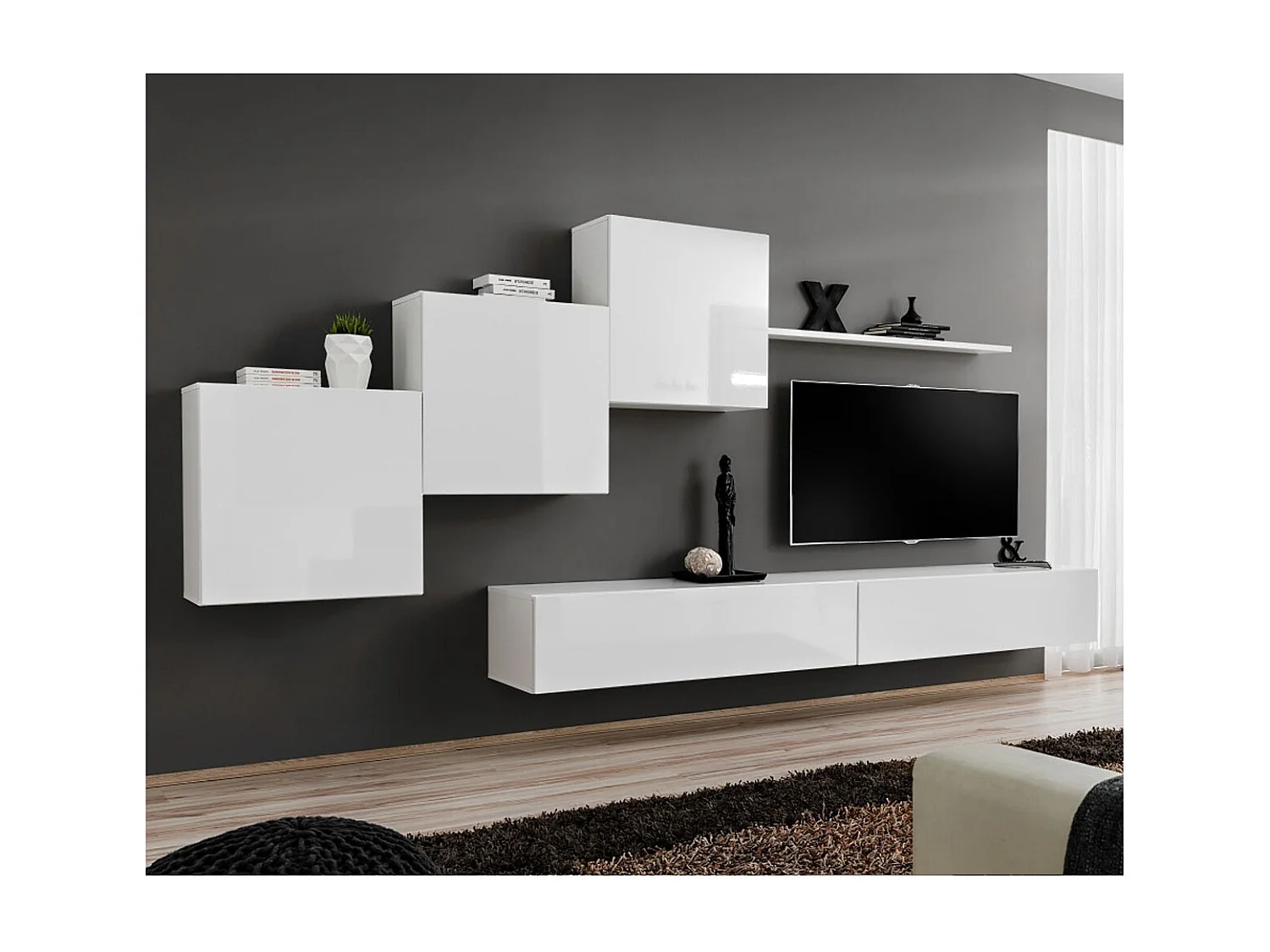 Meuble TV Mural Design "Switch X" 330cm Blanc