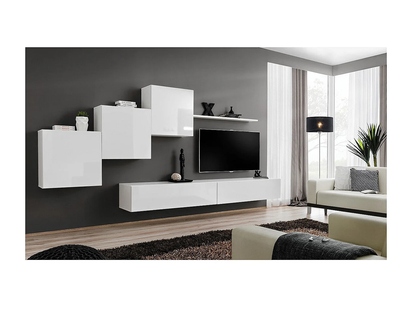 Meuble TV Mural Design "Switch X" 330cm Blanc