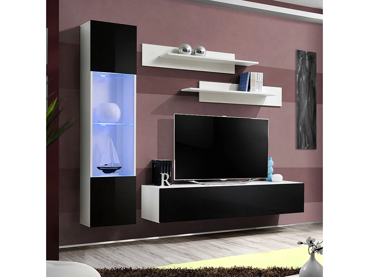 Meuble TV Mural Design "Fly III" 210cm Noir & Blanc