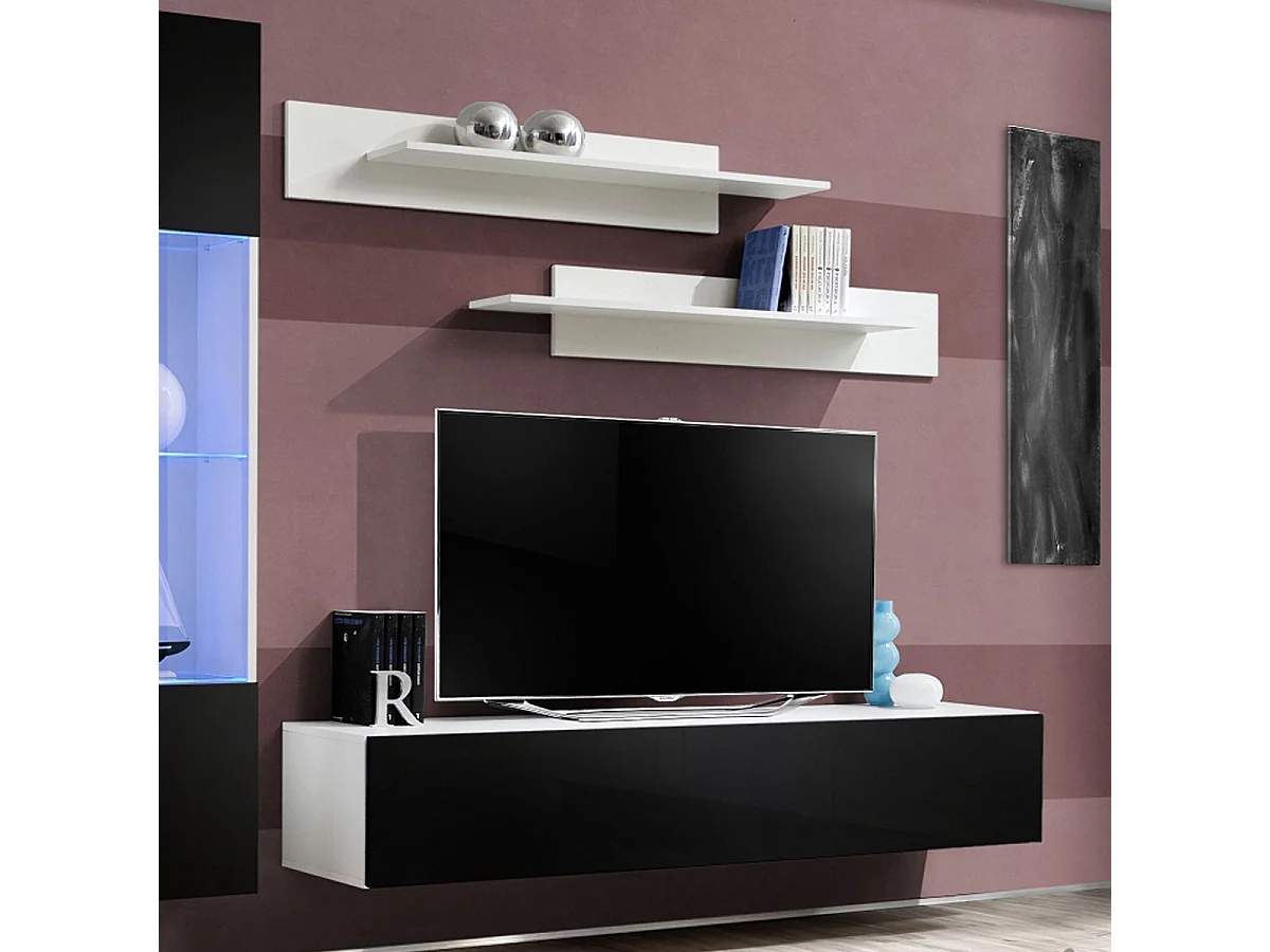 Meuble TV Mural Design "Fly III" 210cm Noir & Blanc