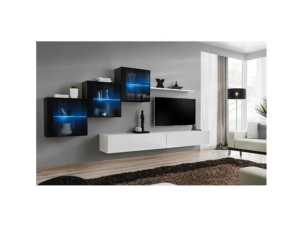 Meuble TV Mural Design "Switch XX" 330cm Blanc & Noir