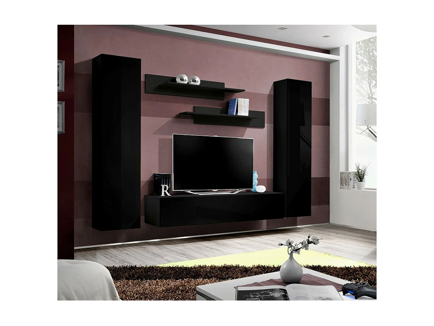 Meuble TV Mural Design "Fly I" 260cm Noir