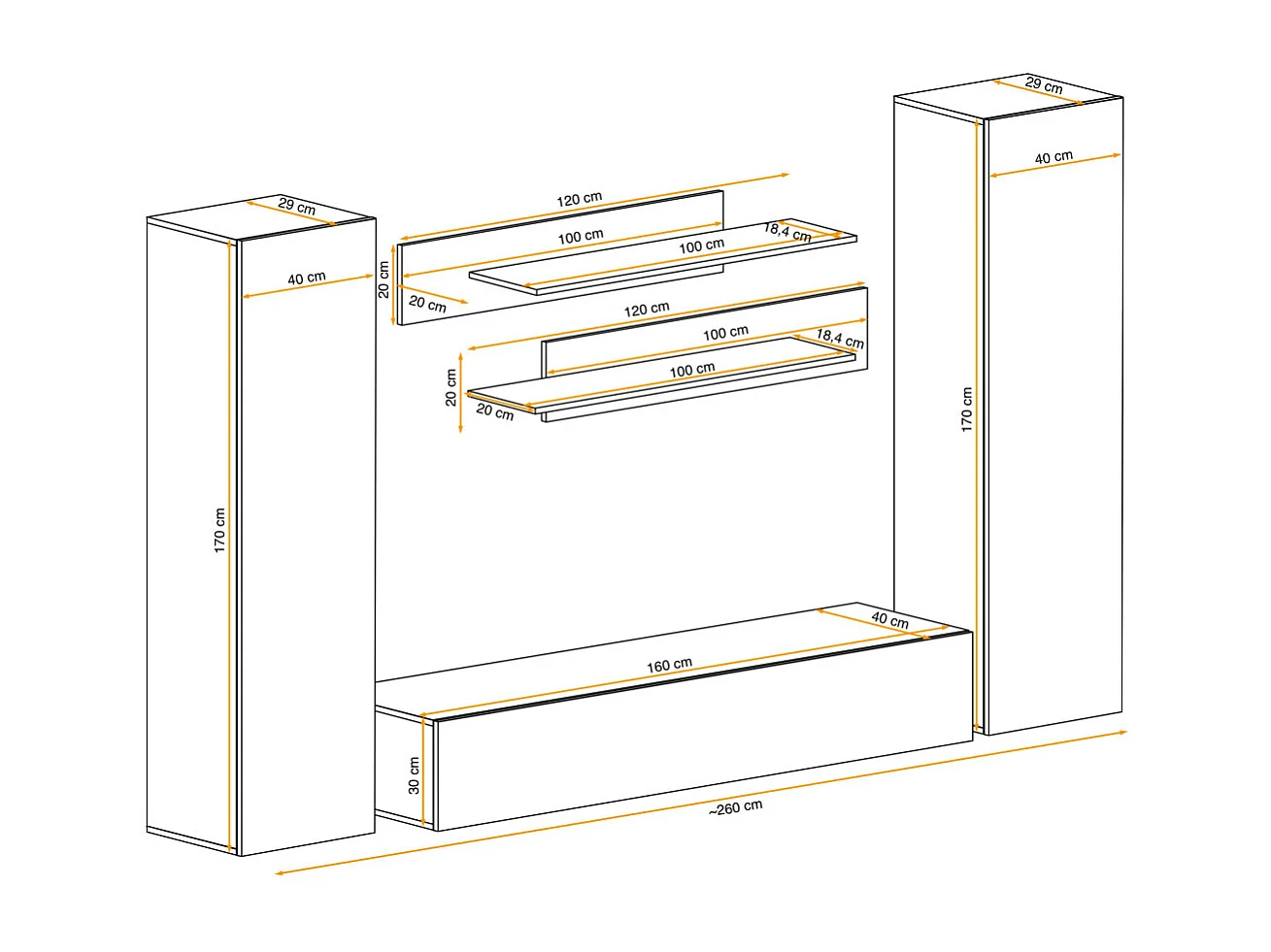 Meuble TV Mural Design "Fly I" 260cm Noir