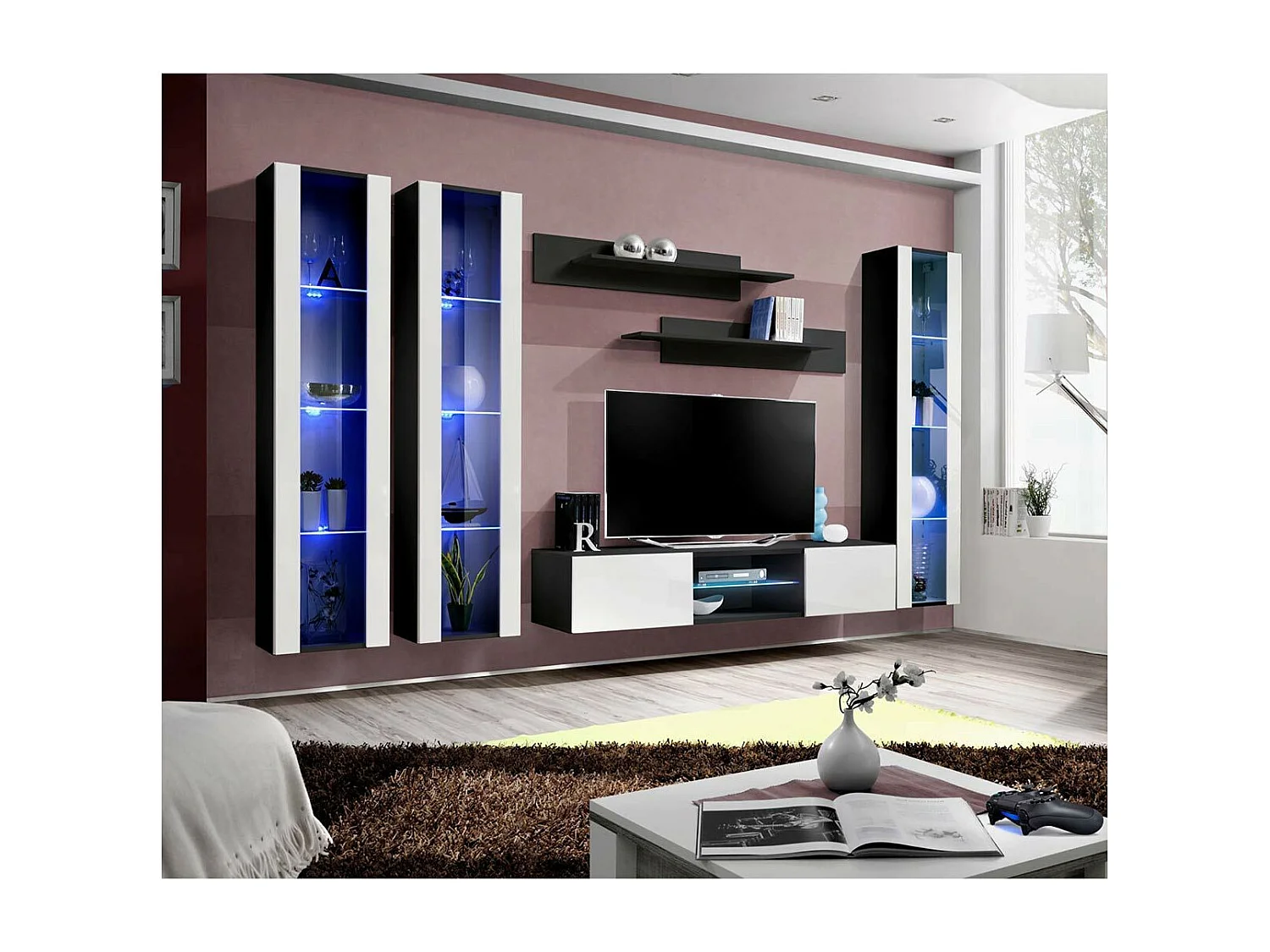 Meuble TV Mural Design "Fly XLIII" 310cm Blanc & Noir