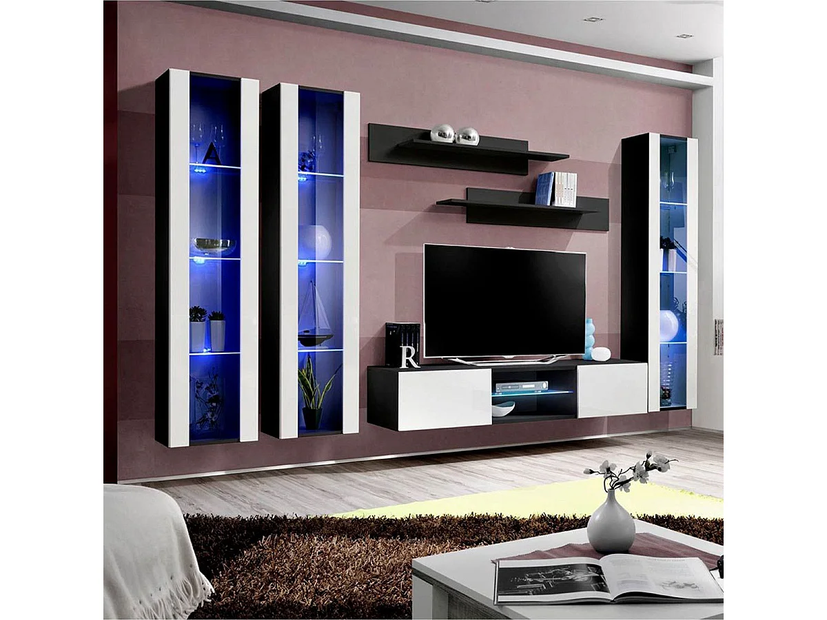 Meuble TV Mural Design "Fly XLIII" 310cm Blanc & Noir