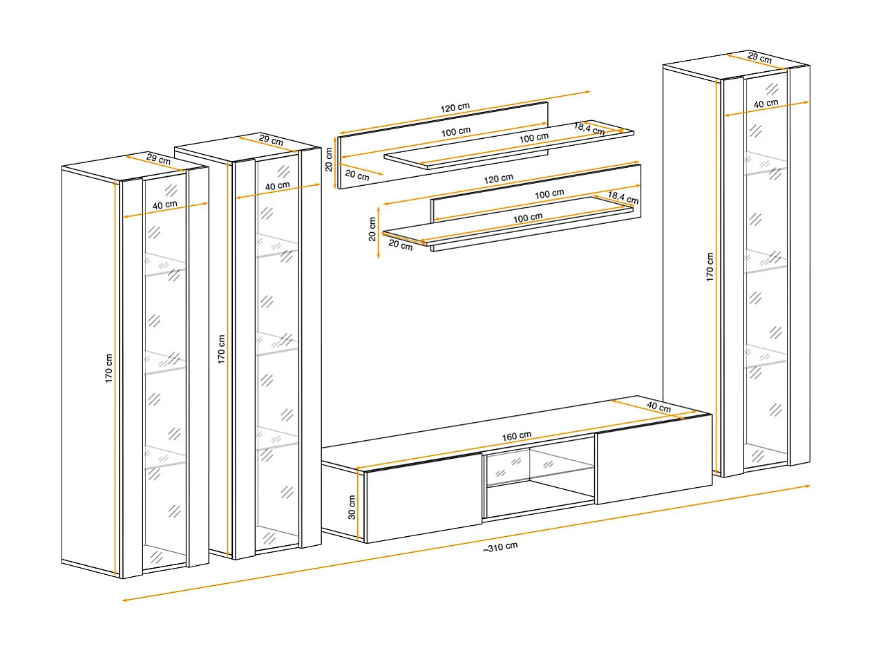 Meuble TV Mural Design "Fly XLIII" 310cm Blanc & Noir