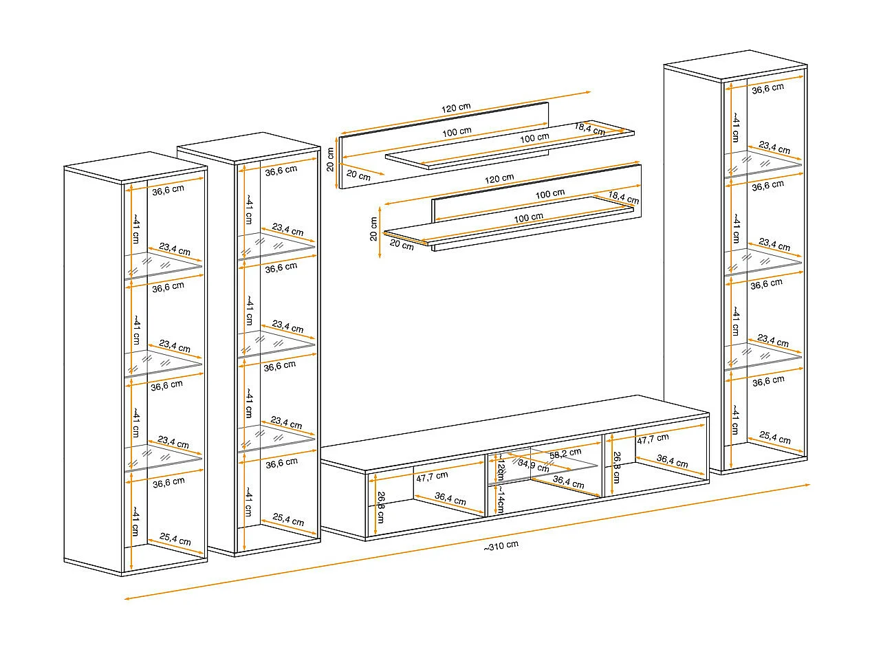 Meuble TV Mural Design "Fly XLIII" 310cm Blanc & Noir