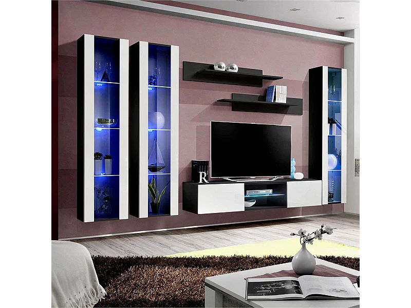 Meuble TV Mural Design "Fly XLIII" 310cm Blanc & Noir