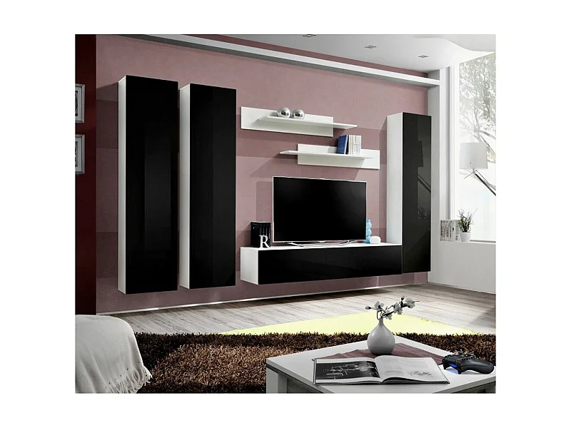 Meuble TV Mural Design "Fly I" 310cm Noir & Blanc