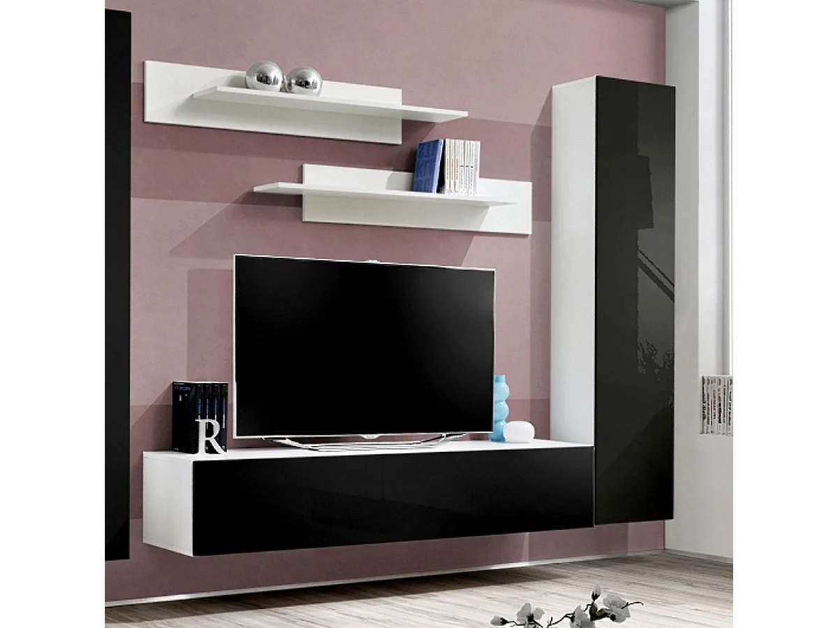 Meuble TV Mural Design "Fly I" 310cm Noir & Blanc