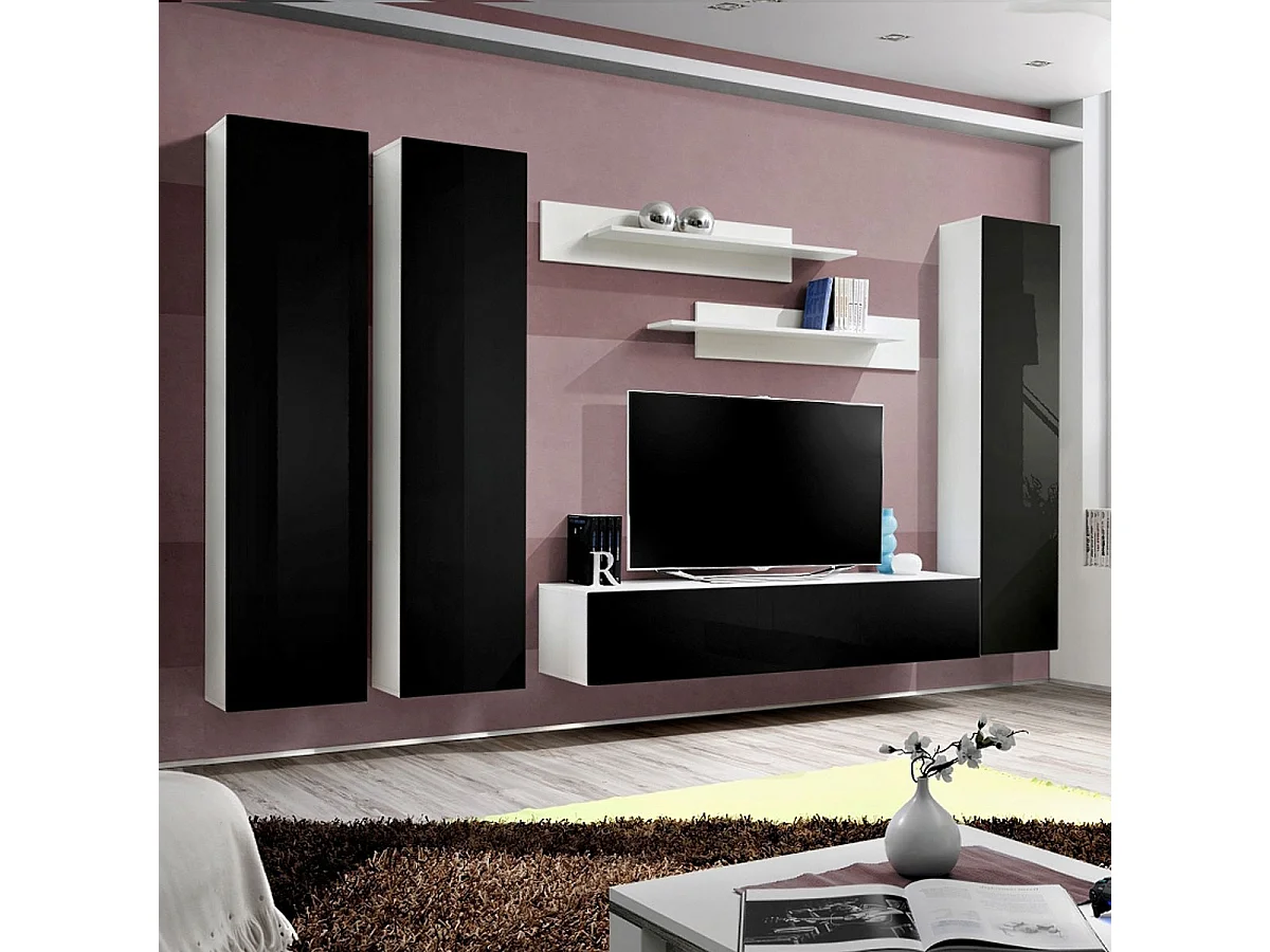 Meuble TV Mural Design "Fly I" 310cm Noir & Blanc
