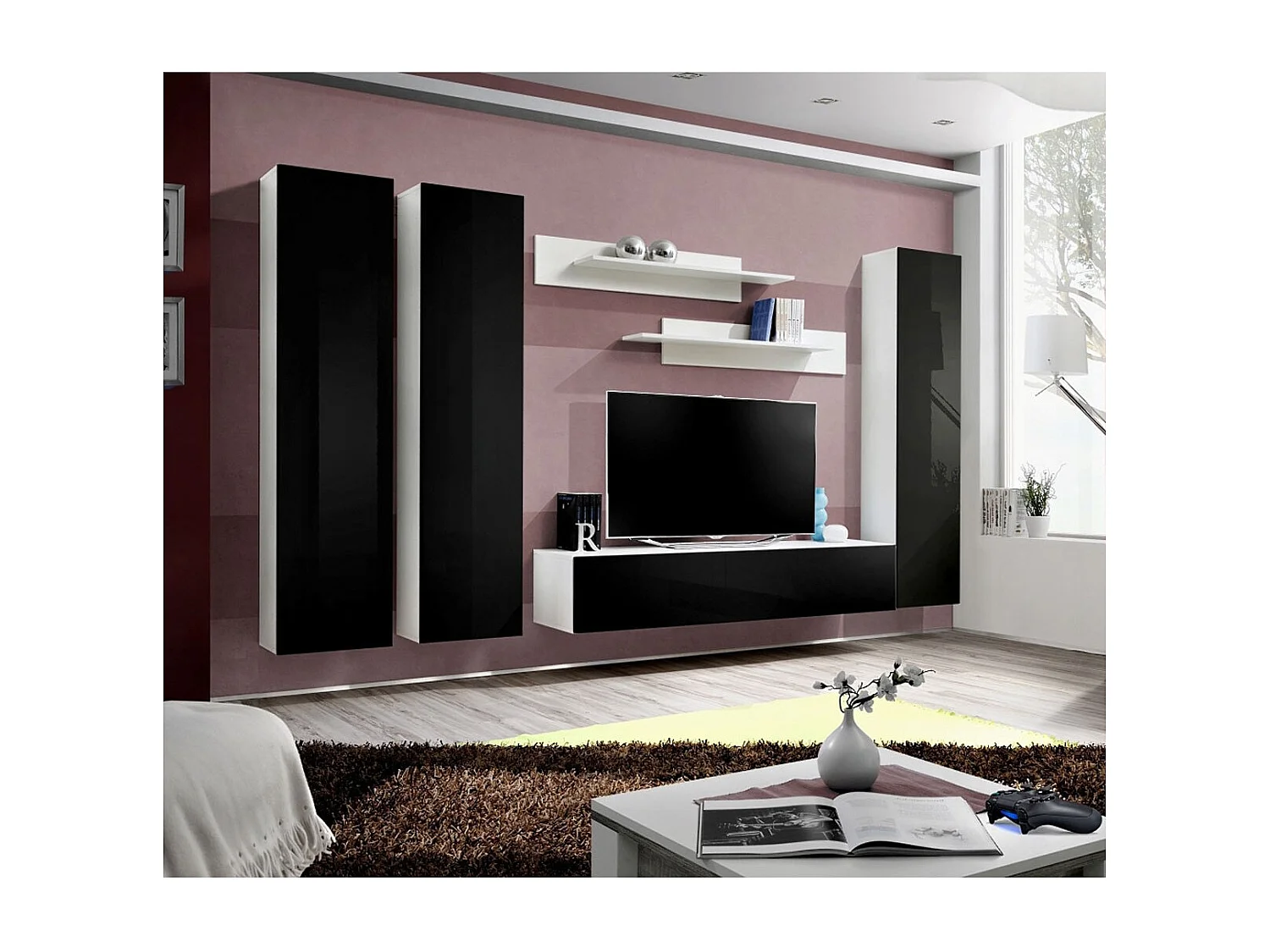 Meuble TV Mural Design "Fly I" 310cm Noir & Blanc