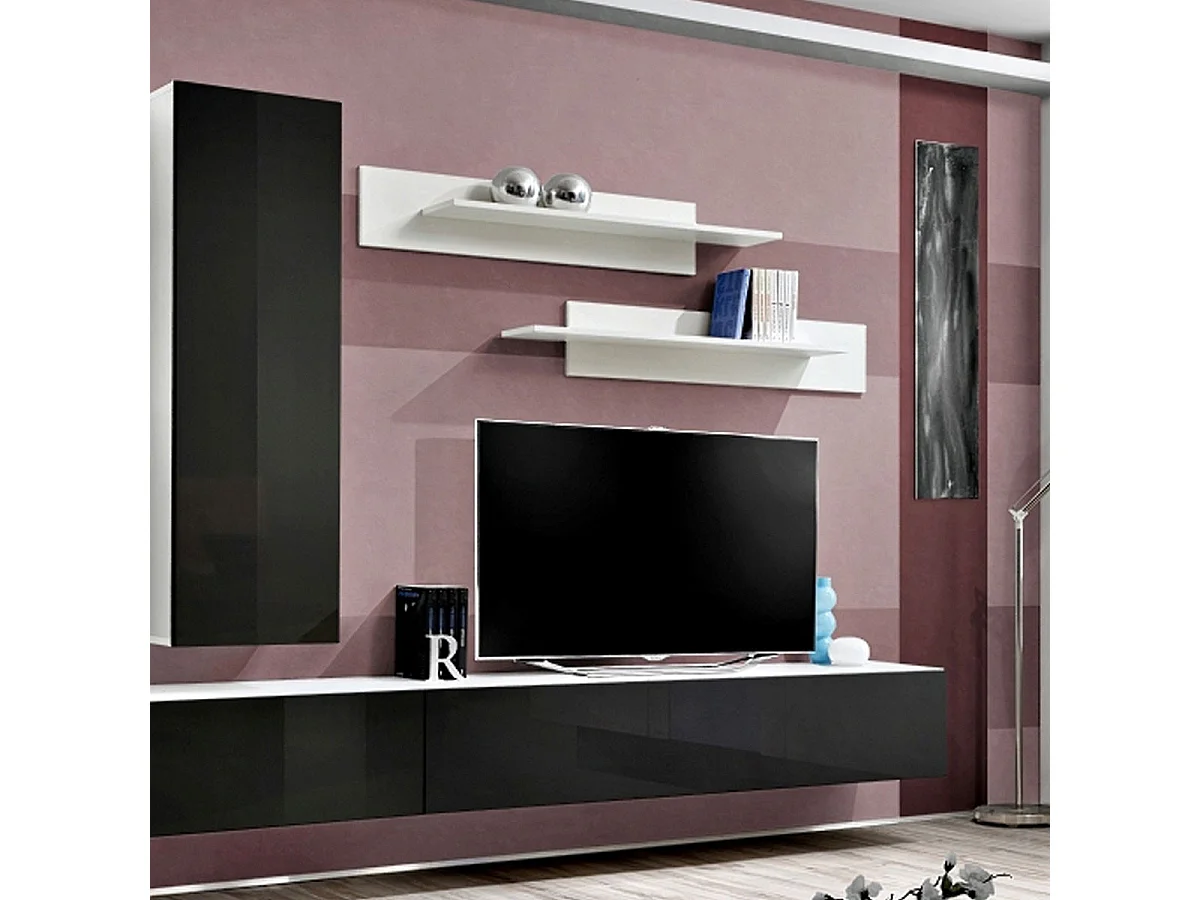Meuble TV Mural Design "Fly I" 320cm Noir & Blanc