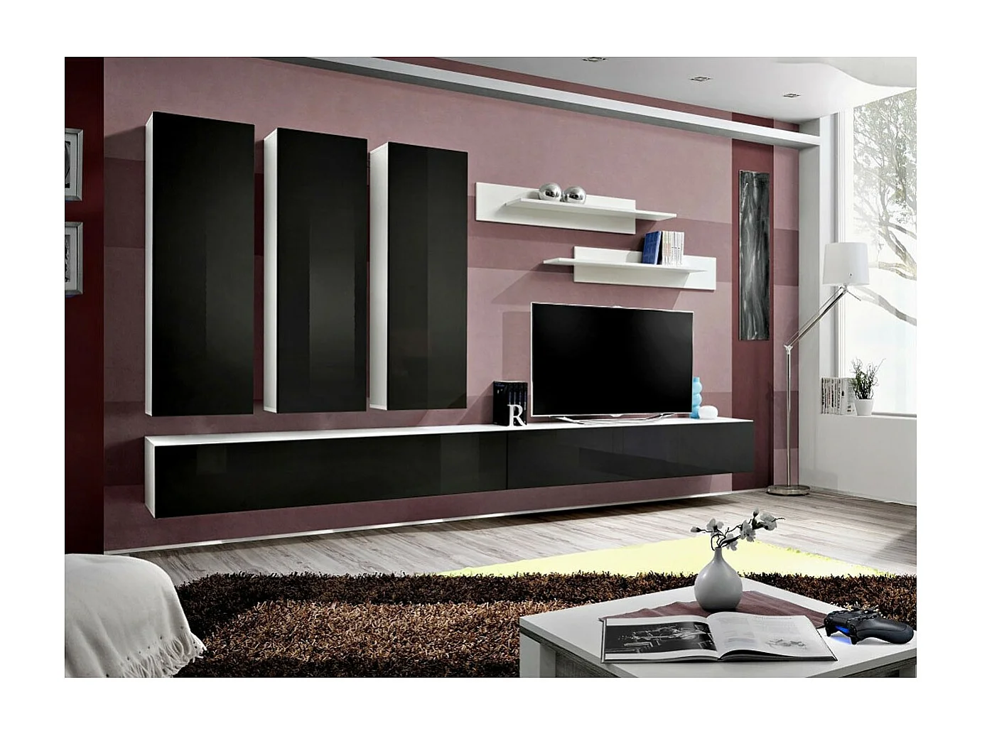 Meuble TV Mural Design "Fly I" 320cm Noir & Blanc