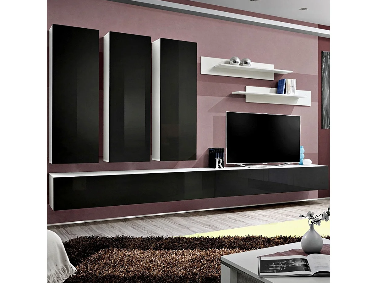 Meuble TV Mural Design "Fly I" 320cm Noir & Blanc