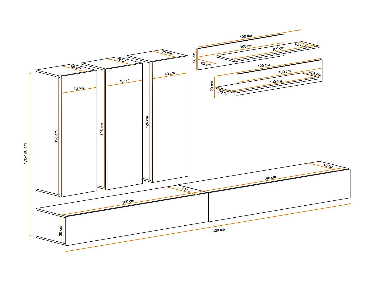 Meuble TV Mural Design "Fly I" 320cm Noir & Blanc