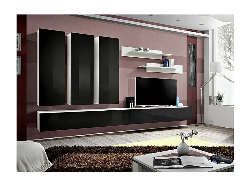 Meuble TV Mural Design "Fly I" 320cm Noir & Blanc