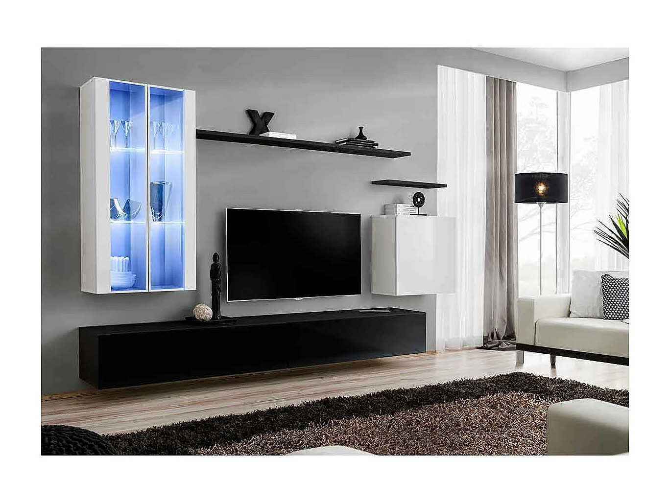 Meuble TV Mural Design "Switch XII" 270cm Blanc & Noir