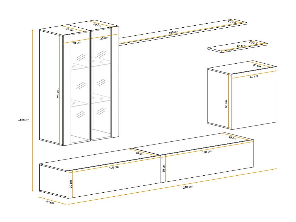 Meuble TV Mural Design "Switch XII" 270cm Blanc & Noir