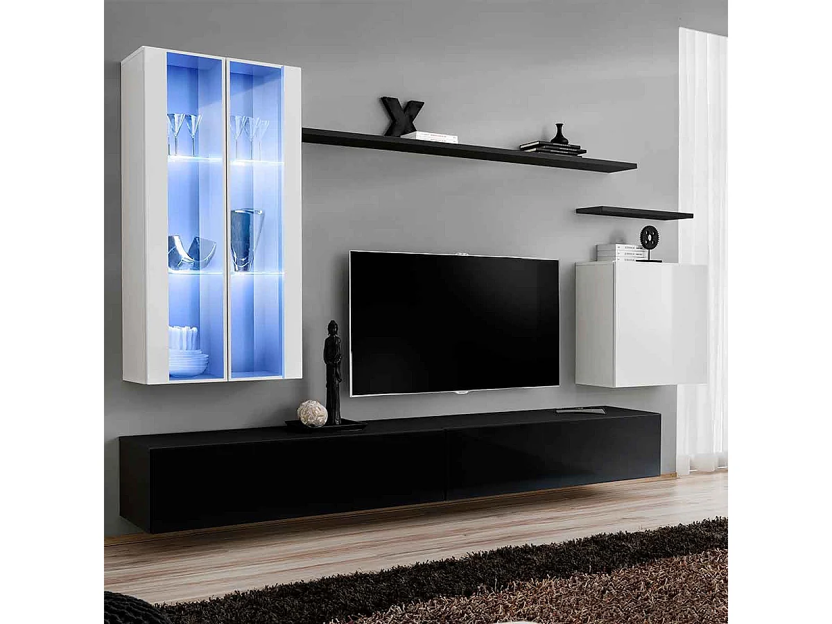 Meuble TV Mural Design "Switch XII" 270cm Blanc & Noir