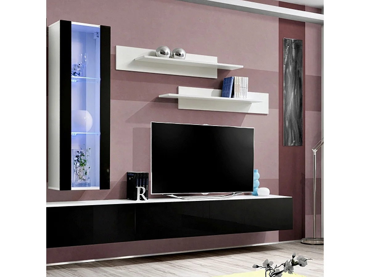 Meuble TV Mural Design "Fly III" 320cm Noir & Blanc