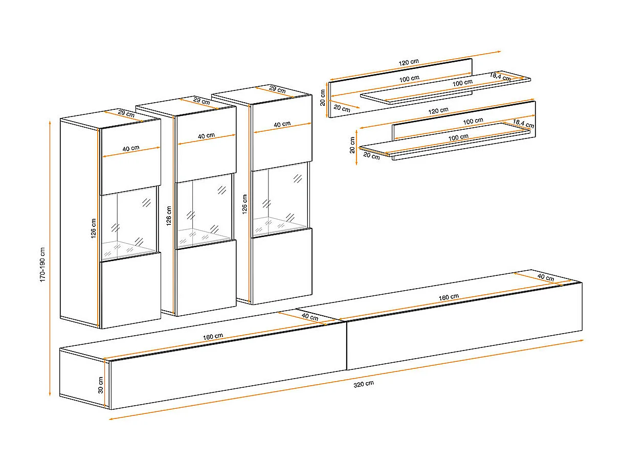 Meuble TV Mural Design "Fly III" 320cm Noir & Blanc