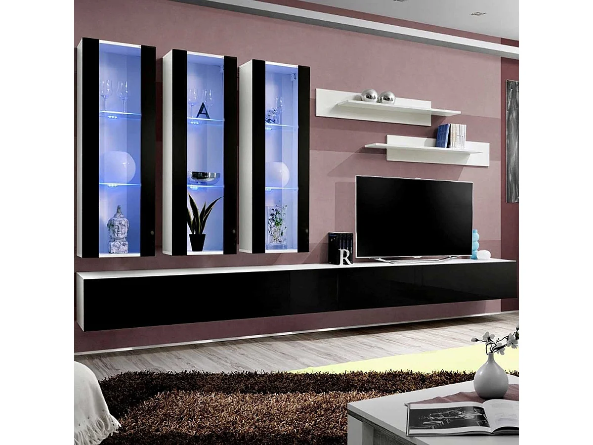 Meuble TV Mural Design "Fly III" 320cm Noir & Blanc